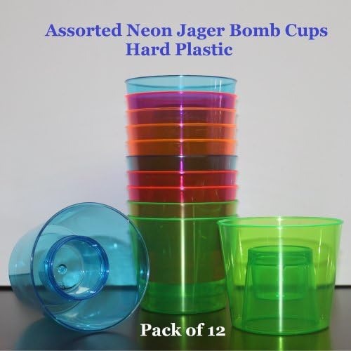 Plastic Power Bomber Shot Cups or Jager Blaster Bomb Glasses (12 Pack, Assorted Neon - Hard Plastic)