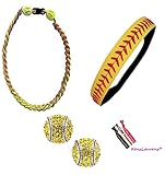 Softball Headband Set - Leather Seamed Headbands Yellow with Red Stitching, Softball Post Earrings, Softball Titanium Necklace, Softball Bow Hair Ties by Kenz Laurenz