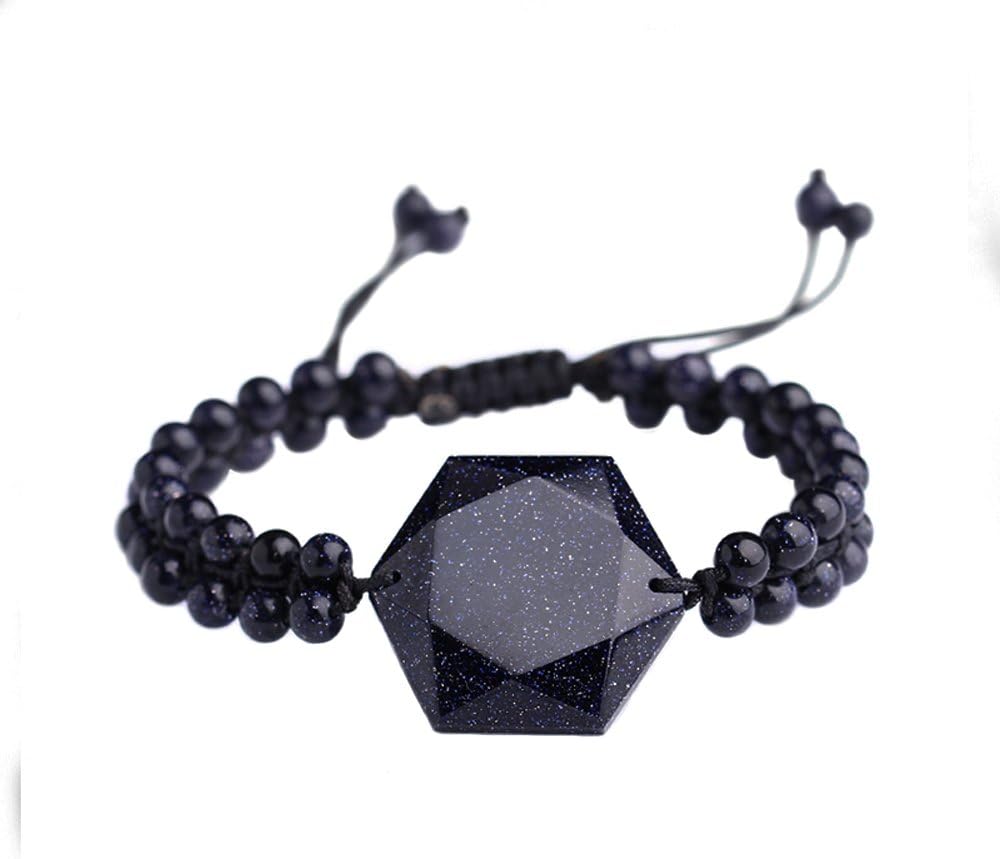 Black Obsidian/Blue Sandstone Star of David Bracelet Hexagram Amulet Gemstone Charm Pendant Bead Chain Jewish Religious Jewelry for Men Women