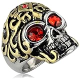 Men's Vintage Stainless Steel Gothic Cz Classic Skull Biker Ring , Gold Silver Red