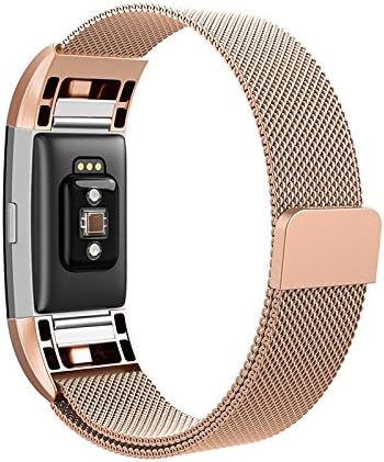 Fitbit Charge 2 Replacement Band - LunaFit Luxury Stainless Steel Mesh with Adjustable Milanese Loop and Strong Magnetic Clasp (Rose Gold, Small)