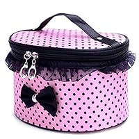 Cloudro Cosmetic Makeup Storage,Large Portable Zipper Travel Makeup Cosmetic Bag Organizer Holder Top Handle-Dot Print with Bow Lace Decor (Pink)