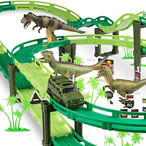 Magicfun Dinosaur Race Track - Car Race Track Train Tracks Set with 1 Car and 3 Dinosaurs Toys for Boys Toddlers Kids Game Gifts Playset