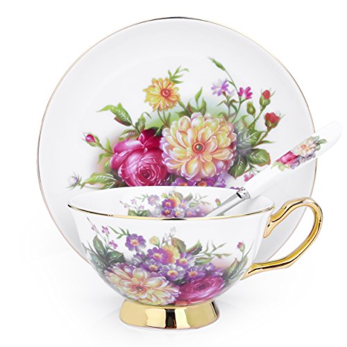 ARTVIGOR 12-Piece New Bone China Coffee and Tea Service Set, Floral Patterns 6.8oz / 200ml Cup & Saucer Sets with Spoons for 4 - Thumbnail 3