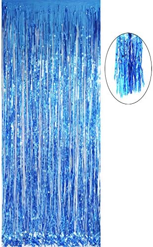 JIANZHENKEJI 2 Pack Foil Curtain Metallic Foil Fringe Curtains Door Window Curtains for Party Decorations (Azure)