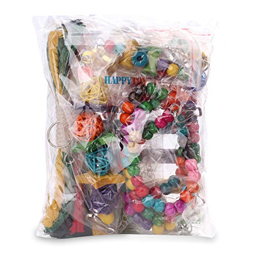 HAPPYTOY Bird Parrot Toys Play Set for Bird Cage, Colorful Chewing Hanging Swing Toy Bells, Ladder Swing for Small Parrots, Macaws, Parakeets, Conures, Cockatiels, Love Birds (Bird Swing Set5)