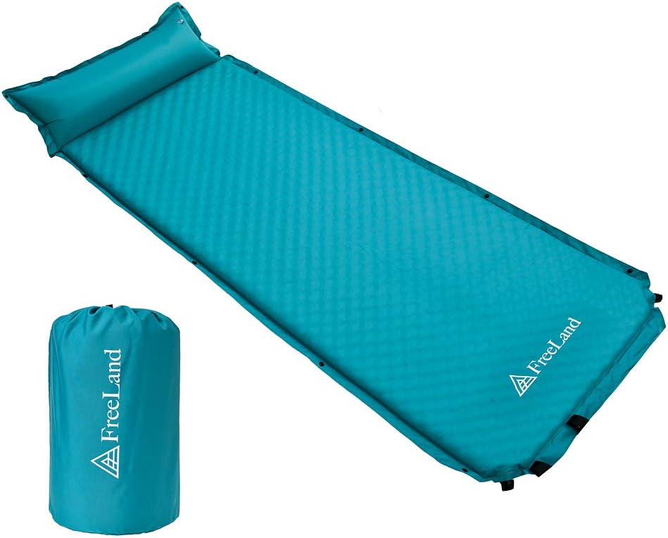 FreeLand Camping Sleeping Pad Self Inflating with Attached Pillow, Compact, Lightweight, Large