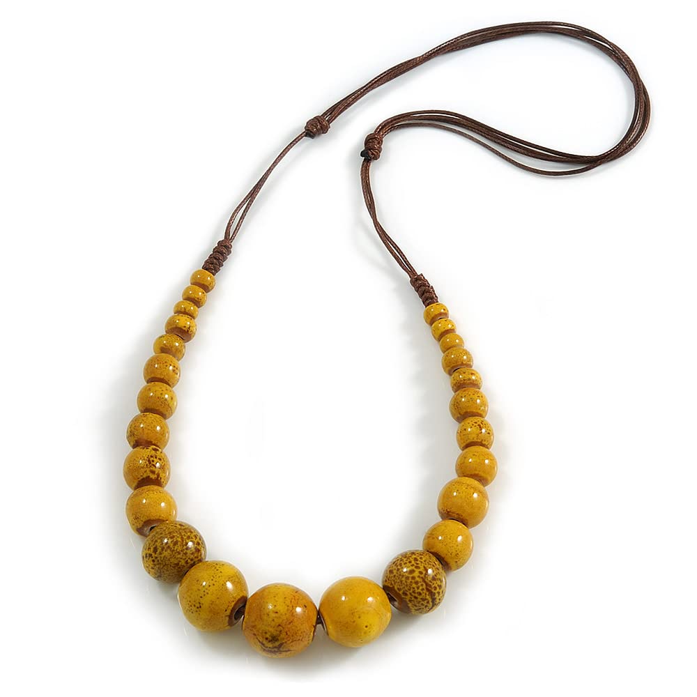 Avalaya Dusty Yellow Ceramic Bead Brown Silk Cords Necklace - Adjustable - 60cm to 70cm Long