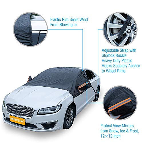 Universal Fit Windshield Snow Cover for Cars, Compact and Mid-size SUVs, Anti-theft Tuck-in Flaps, Cotton Lined PEVA Fabric with Aluminum Foil Lamination, Mirror Covers Included, Patent Pending