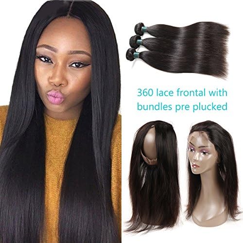 Ashimary 360 Lace Frontal with Bundles Pre Plucked Peruvian Straight Hair with Frontal Closure 360 Lace Frontal with Bundles Straight Hair 3 Bundles with Closure 8A (14 16 18 + 12inch, Natural Color)