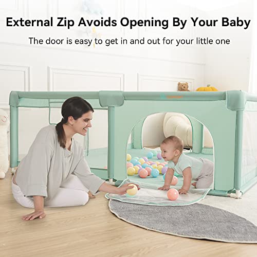 COMOMY Baby Playpen, 200 x 180 x 66 cm Baby Playpen with 50 Pit Balls, Mini Basketry and 4 Pull Rings, Baby Playpen with Soft and Breathable Mesh, Activity Center for Children, Green