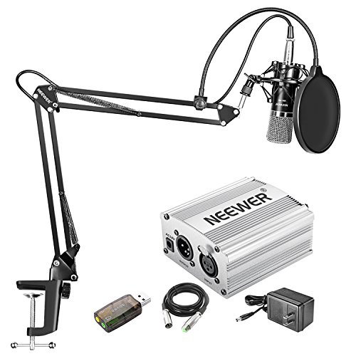 Neewer Home Studio NW-700 Condenser Microphone Kit with Shock Mount, NW-35 Boom Scissor Arm Stand, 48V Phantom Power Supply(Silver), XLR Cable, Pop Filter and Type-A USB External Stereo Sound Adapter