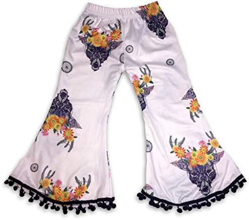 Sol Baby Reindeer Daisy Print Pom Pom Flare Pants-6/7-White