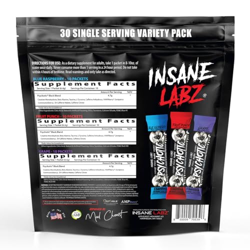 Insane Labz Psychotic Black Edition Mid Stimulant Pre Workout Powder, Energy Focus Pumps, Loaded with Creatine Beta Alanine Taurine Fueled by AMPiberry, Variety 30 Servings