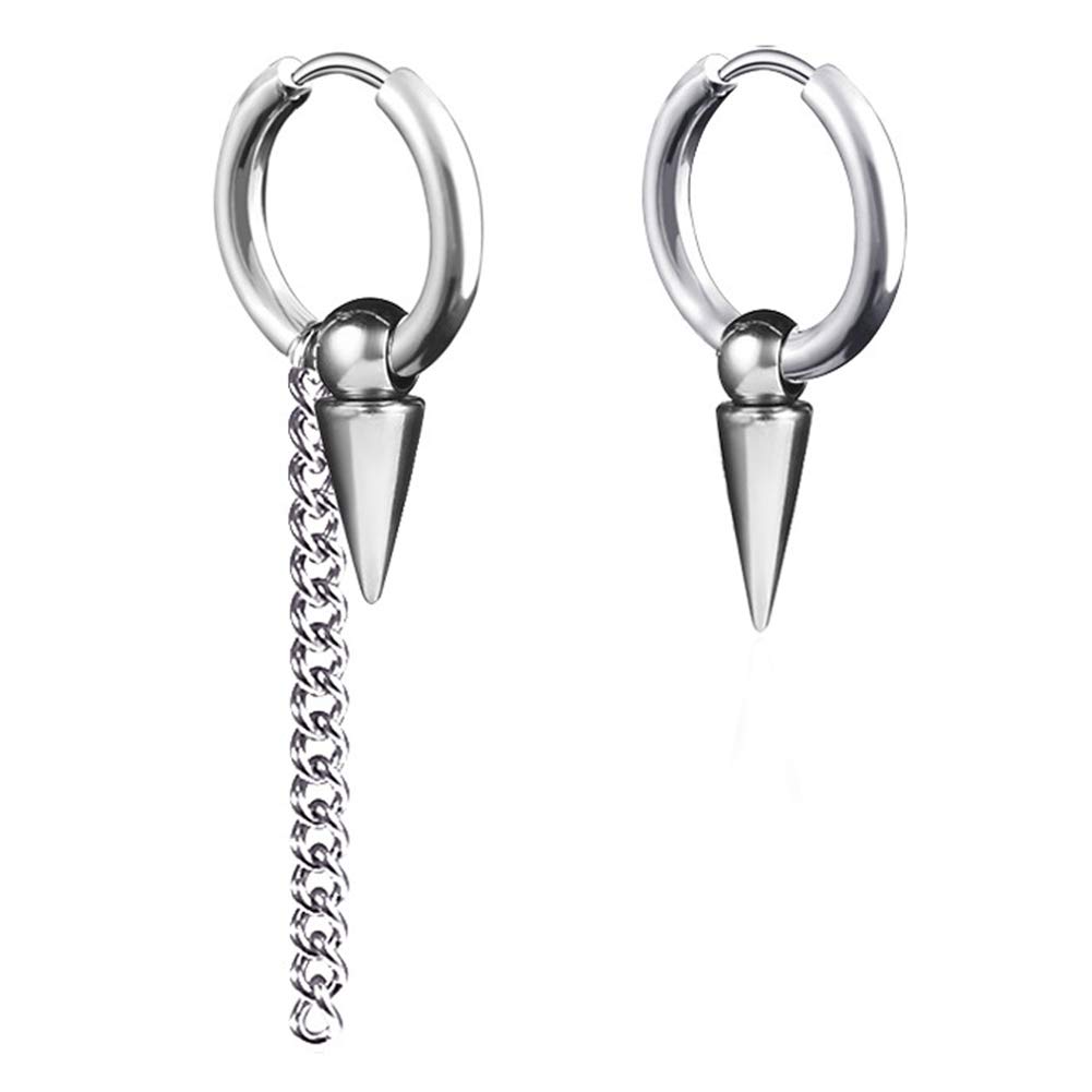 Mens Small Hoop Earrings With Spikers Chain Dangle Silver 316L Stainless Steel Punk Hip Hop Rock Gothic Style Kpop Earrings For Men Women (Silver-Cone)