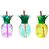 Cabilock Led Pineapple Drinking Cup Glowing Drink Bottle with Lid and Straw 7 Inch Plastic Pineapple Cup for Luau Party Pool Summer Events