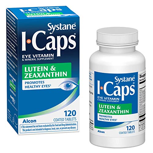 systane icaps suplemento de vitaminas y minerales para los ojos, fórmula de luteína y zeaxantina, 120 tabletas recubiertas