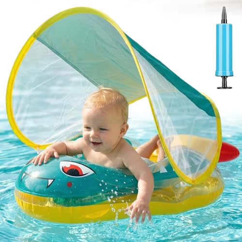 Baby Swim Ring with Sun Shield, Anti-Roll Baby Swimming Pool, Baby Parasol Buoy with Balance Ball, Inflatable Baby Swim Ring 10-24 Months 8-16 kg, Baby Swim Ring Inflatable Swimming Pool