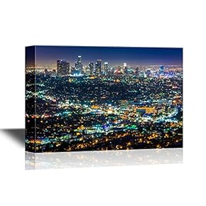 USA City Skyline Canvas Wall Art - Downtown Los Angeles Skyline at Night, from Griffith Observatory, California - Gallery Wrap Modern Home Art | Ready to Hang - 12x18 inches