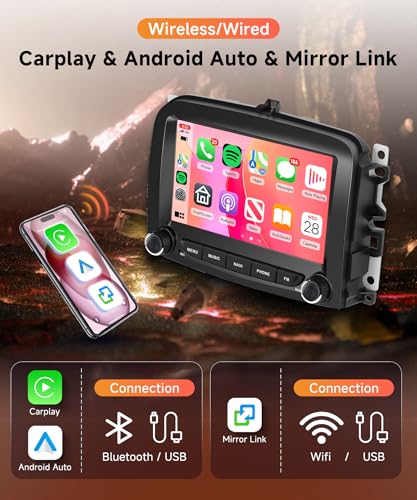 6G+128G 8 Core Wireless Carplay Android 15 Car Radio for Fiat 500L 2013-2019 7 Inch Touchscreen Car Radio with Android Car GPS Navi WiFi Mirror Link Bluetooth FM/RDS/DSP/SWC Rear Camera
