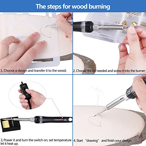Tabiger Wood Burning Kit, 60W Pyrography Pen/Wood Burning Pen with Adjustable Temp 200~450℃ and ON/OFF Switch, 28 PCS Carving/Embossing/Soldering Tips, 3PCS Stencils, Carving knife, Stand, PU Case - Thumbnail 4