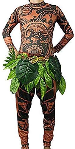 Tribal Imprint Tattoo T Shirt/Pants Halloween Adult Mens Women Cosplay Costume with Leaves Skirt