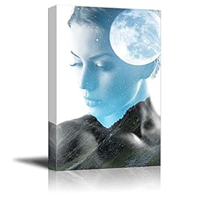 Canvas Wall Art - Double Exposure with Full Moon Above The Mountain and Woman - Giclee Print Gallery Wrap Modern Home Art Ready to Hang - 12" x 18"