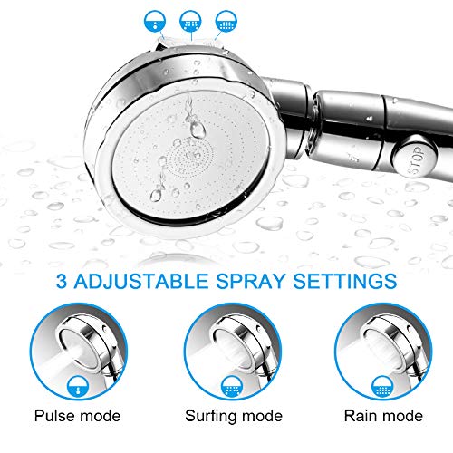 High Pressure Shower Head,Shower Head with ON/Off Full Shutoff Push Button and Switch to Control Flow and 3-Settings Spray Modes (Jetting/Rainful/Massage), Handheld Showerhead for Body Spray Chrome