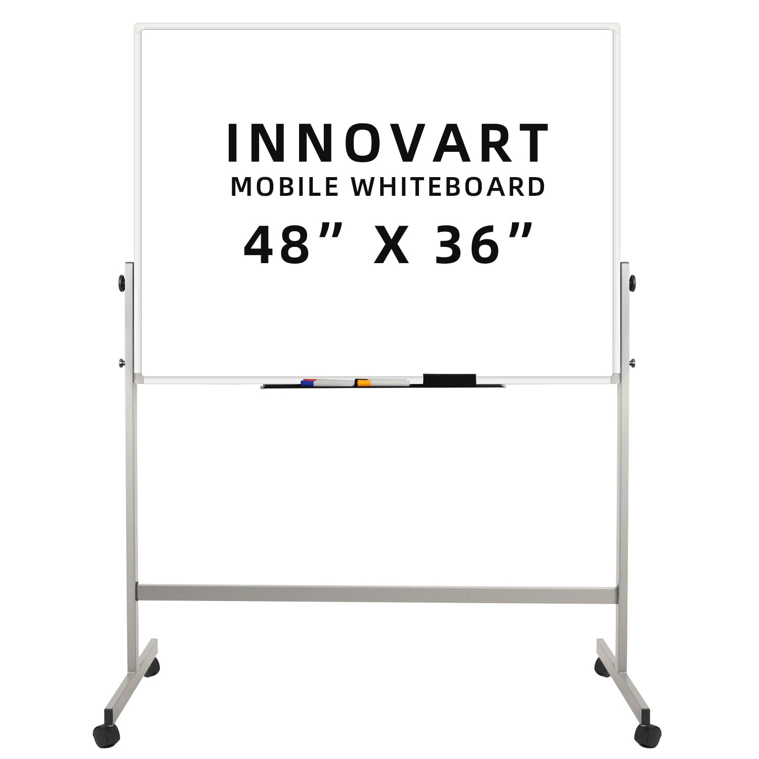 Photo 1 of INNOVART Mobile Whiteboard 48” x 36”, 360° Reversible Double Sided Magnetic Dry Erase Board with Portable Rolling Stand on Wheels, Easel Standing Board with Silver Aluminum Frame