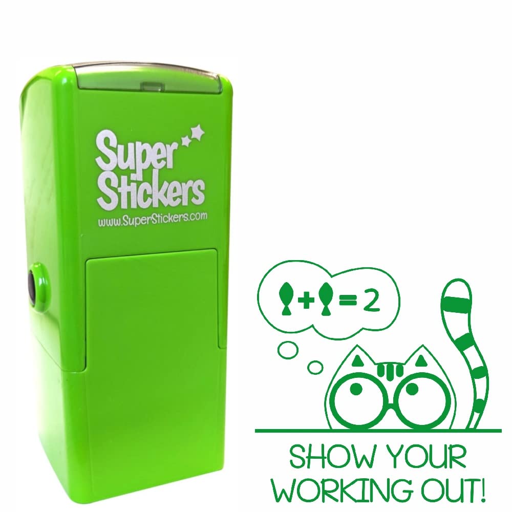 Teacher Stamp, Education Marking Stamp, Reward Stamps for School - Remember to Show Your Working Out Cat, Impression Size Approx. 23x23 mm, Green Ink
