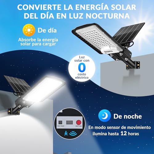 FASENZA Lámpara Solar Exterior: 3000LM, 6500K, Batería 6000mAh, Carga 6h para 12h Iluminación, 3 Modos de Sensor Radar, IP65, Garaje, Almacén, Granero, Jardín, Patio y Terraza, 2 Años de Garantía