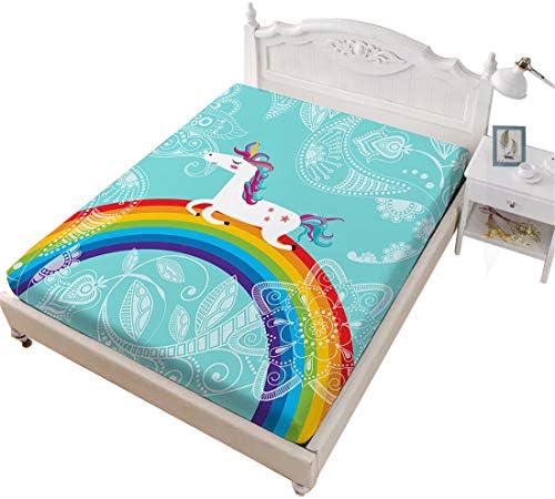 Oliven Fitted Sheet Twin Size Cartoon Rainbow Unicorn Embossed Single Sheet Kids Gift