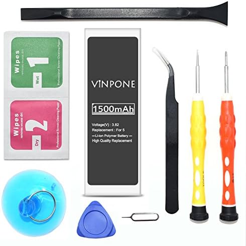 VinPone Battery Model iP 5 - New 1500 mAh 0 Cycle Replacement Battery - with Replacement Repair Tool Kits [12-Month Warranty]