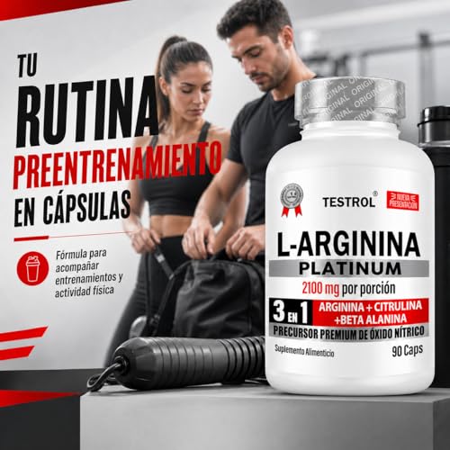 Arginina Platinum 2100mg por porción | L Arginina + L Citrulina + Beta Alanina | Pre Workout | Pre Entreno sin Cafeina | Precursor de Oxido Nítrico | Testrol TSN (90 Cápsulas).