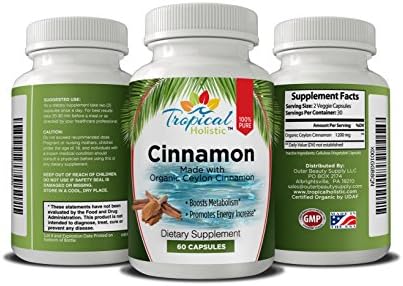 100% Pure Organic Ceylon Cinnamon Supplement 60ct, 1200mg Highest Potency Made in USA. Naturally Boosts Energy &amp; Metabolism.