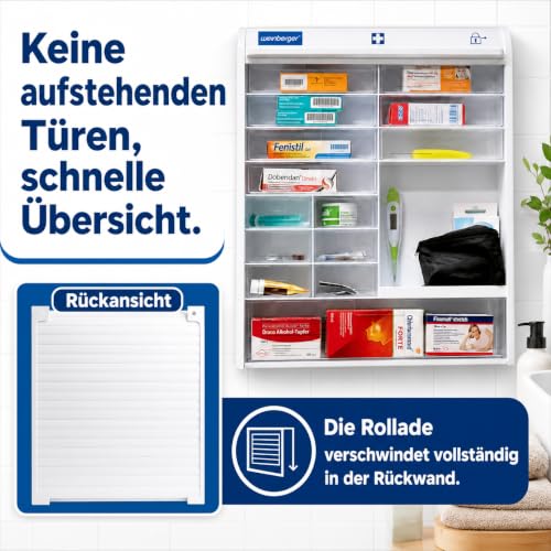 Weinberger Hanging Medicine Cabinet with 14 Compartments for Storing Medicines and First Aid Material, Medicine Cabinet with Child Lock and Blind, Home Medicine Cabinet, Medicine Cabinet in White