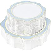 realluck 100 PCS White and Blue Disposable Plates for 50 Guests, Scalloped Plastic Plates Include 50 Dinner Plates and 50 Dessert Plates for Party, Wedding and Graduation