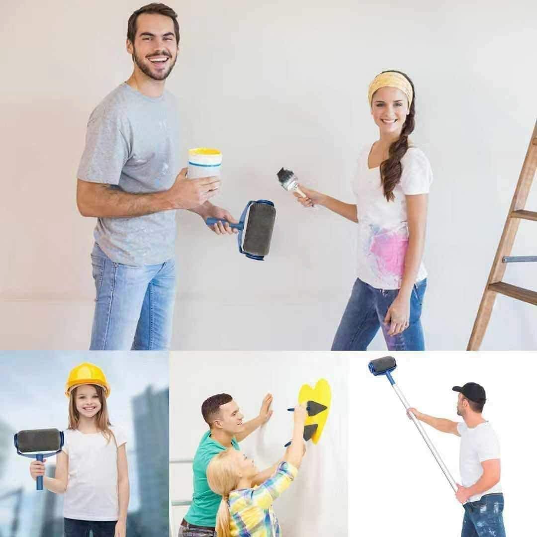 Paint Roller Kit, 9PCS DIY Wall Printing Brush kit with Paint Runner Pro Brush, Wall Printing Brush, 3 Telescopic Poles for House, School & Office Wall, Ceiling - - 