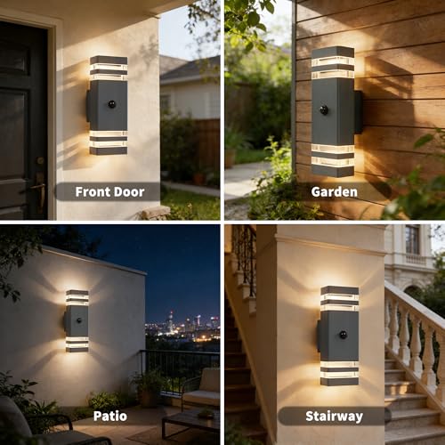 YOVGQOLV PIR Motion Sensor Lights Outdoor Up Down Front Door Light GU10 | Square Exterior Sconce Mains Powered with 2×5W 3000K GU10 Bulbs,IP54 Waterproof Outside Lights Porch,Anthracite Grey 1 Pack