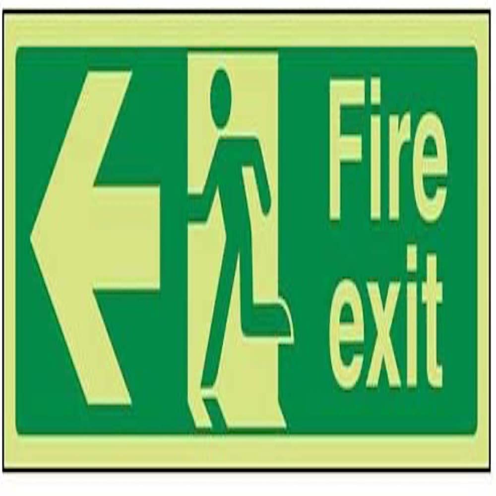 V Safety Glow In The Dark Fire Exit Arrow Left Sign - 450mm x 150mm - Self Adhesive Vinyl