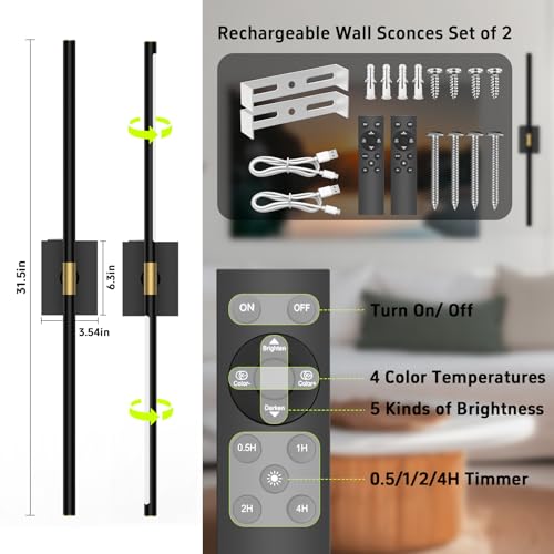 iThird Battery Operated Wall Sconces Set of 2: 10000mAh Rechargeable Wall Lights with Remote Control, 360° Rotate Wireless Wall Scone Decor for TV/Mirror Bedroom Living Room, 31.5 Inch, Black