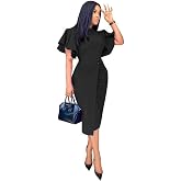 Women's Ruffle Sleeve Vintage Bodycon Pencil Dress Business Formal Work | Peplum formal,business work,professional,elegant office,3/4 sleeve,knee length,pencil party dress,event outfits