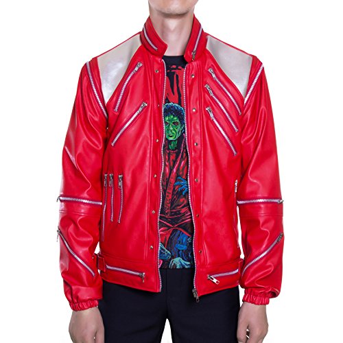 Mjb2c-Michael Jackson Costume Beat it Metal Zipper Leather Jacket/Red/XXX-Large