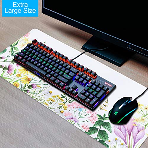Anyshock Extended Gaming Mouse Pad, Large XL (35.4x15.7inch) Mouse Mat Keyboard Pad with Stitched Edges, Water-Resistant Non-Slip Base Ideal for Computer & PC (35.4x15.7inch,Flower)