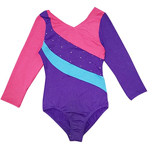 Toddler Girls One-piece Sparkle Stripes Gymnastics Athletic Leotard,Long Sleeve Colorful Ribbons Pink Leotard, Purple 5 - Thumbnail 2