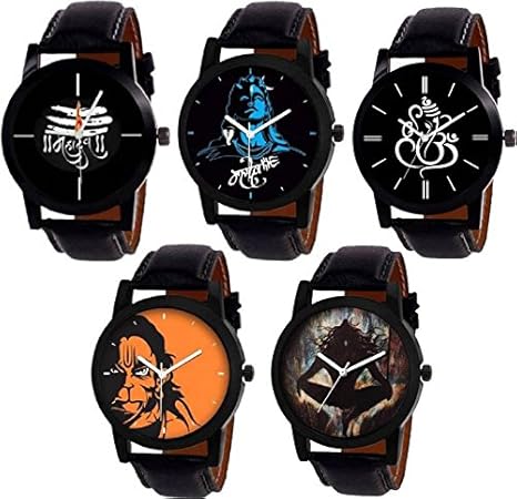 Swadesi Stuff Stylish Black Leather Strap Designer Watch of Lord Shiva Mahadev Hanuman Ganpati Ganpati Om Combo of 6 Watches for Men & Women (Unisex Watch for All) 919