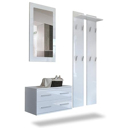 Vladon Garderobenset Garderobe Kioto, Korpus in Weiß matt/Front in Weiß Hochglanz