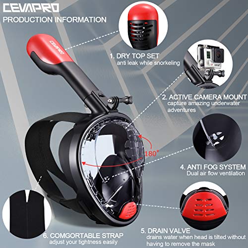 Cevapro Snorkel Mask, 4th Generation Full Face Snorkeling Mask for Adult Kids Youth with Detachable Camera Mount, 180°Panoramic View Anti-Fog Anti-Leak Free Breathing Dry Top Set-General Size