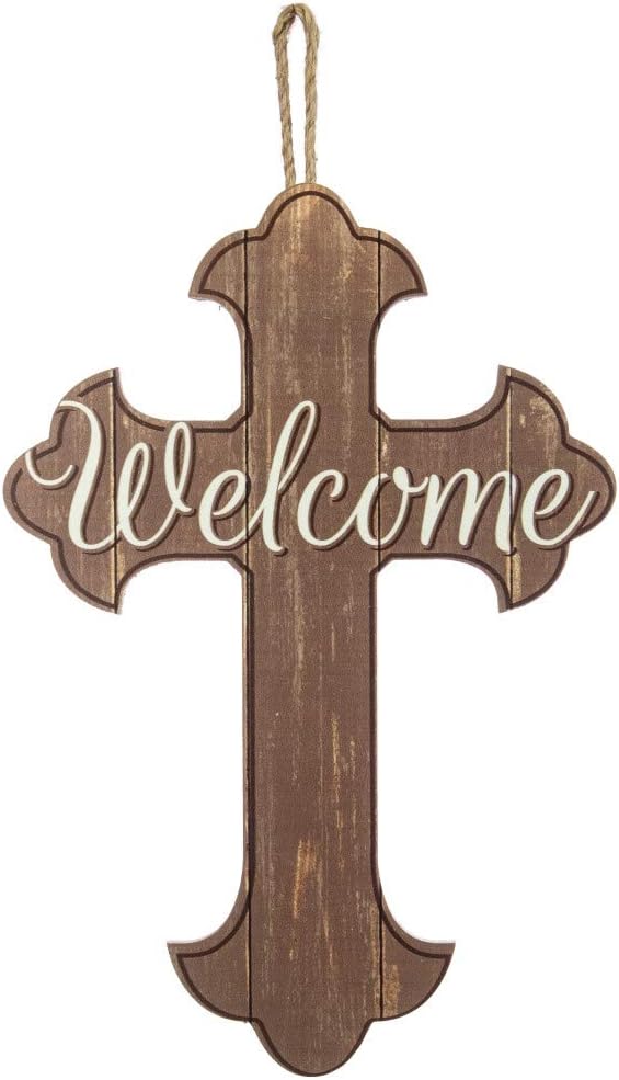 GiftWrap Etc. Welcome Cross Front Door Sign - 16" x 11", Wood Slats Christian Easter Wall Decor, Church, Jesus Christ, Lord, Wreath, Home, Kitchen, Christmas Decoration