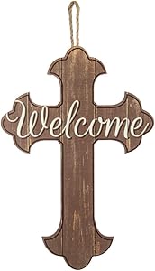 GiftWrap Etc. Welcome Cross Front Door Sign - 16" x 11", Wood Slats Christian Easter Wall Decor, Church, Jesus Christ, Lord, Wreath, Home, Kitchen, Christmas Decoration